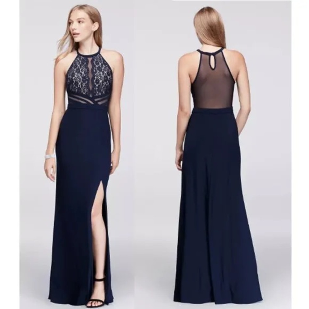 Morgan & Co Navy Halter Dress w Sheer Mesh Back, Size 7/8